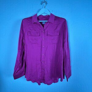Chico's Womens Sandwash Satin Long Sleeve Fuchsia Button-Up Shirt Top 2 New $89